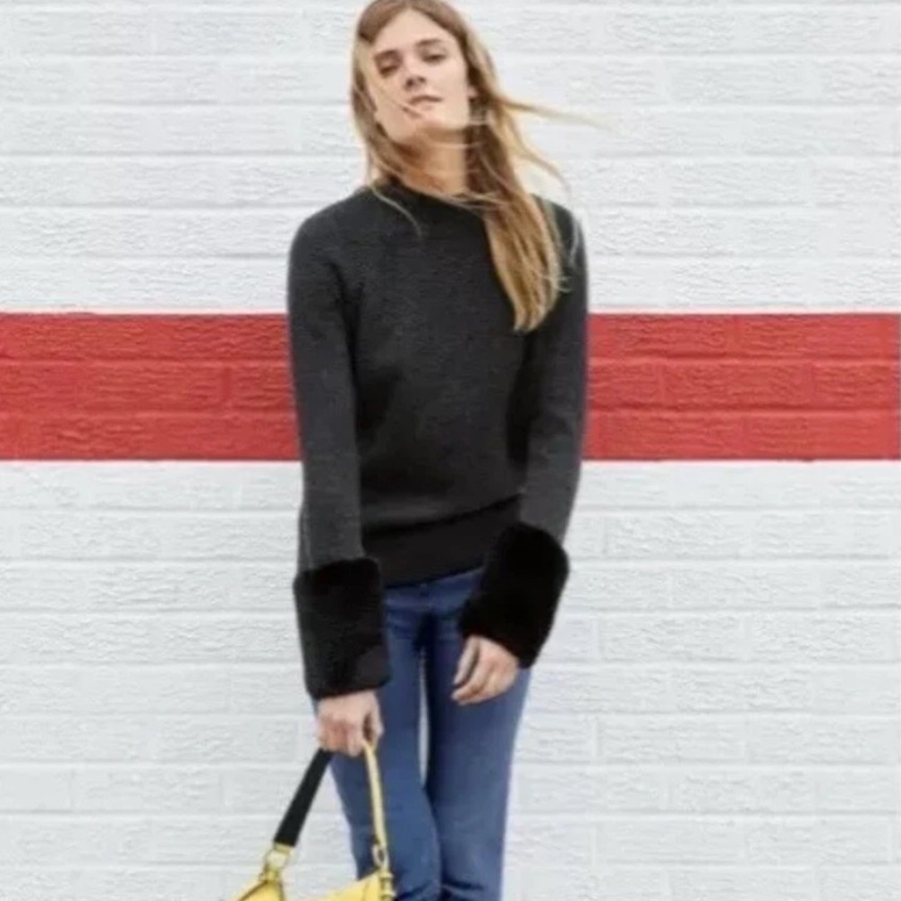 Boden Mock Neck Sweater with Faux Fur Cuffs